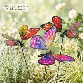 3er Set Farbenfrohe Gartenstecker Schmetterlinge Achat ca. 55 cm - Gartendekoration